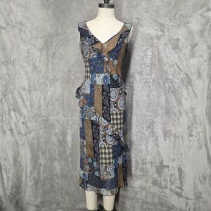 Believe Dress Sleeveless Midi Patchwork Ruffle Trim V Neck Blue Brown‎